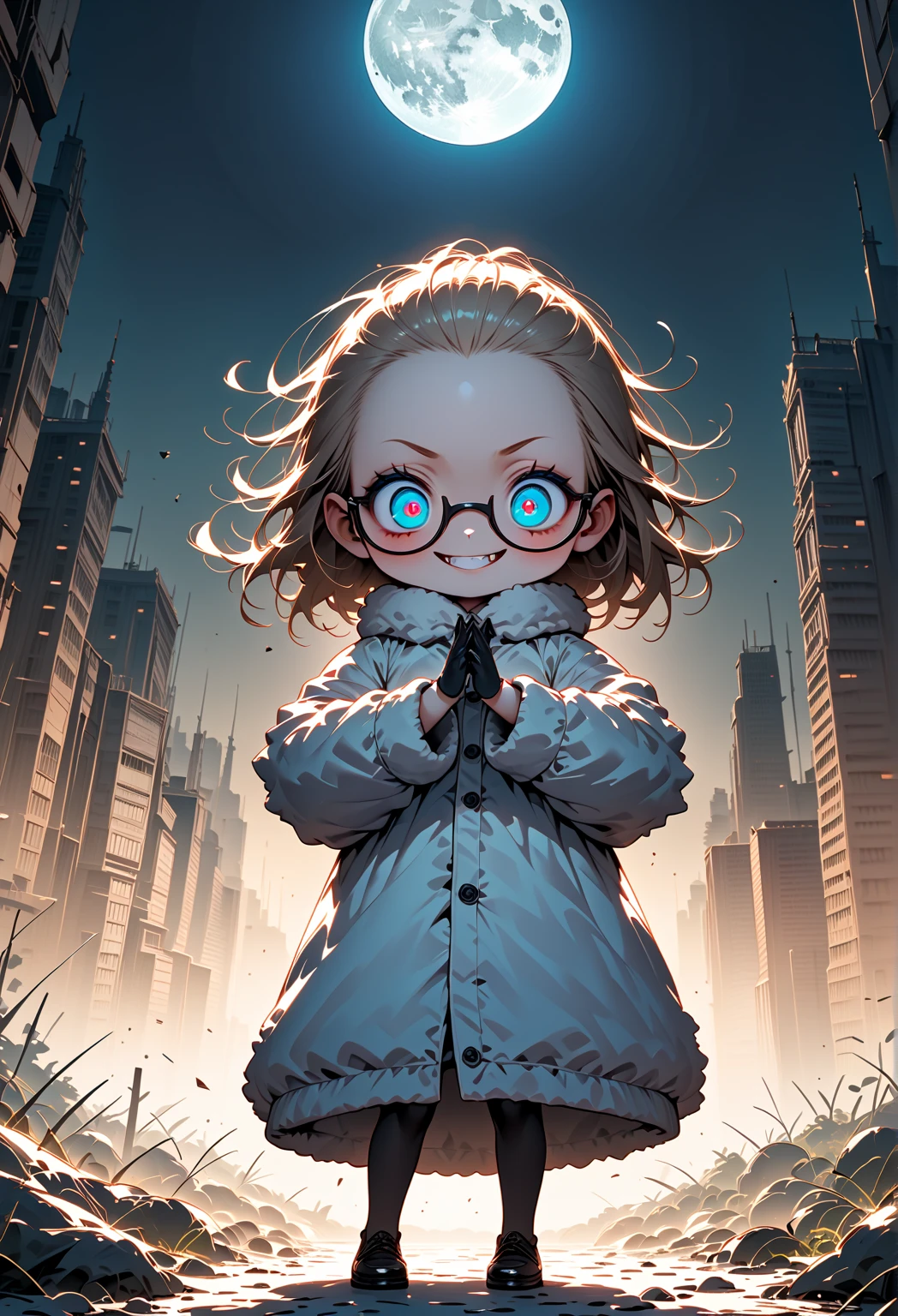 1girl\(skinny,flat chested,(forehead,hair slicked back:1.3),Beautiful blonde hair,(blue eyes),(black glasses\(nodoka, thick flame, square glasses\):1.3), (blue eyeshadow:1.3), thin eyebrows, thick black eyeliner, shiny eyes, long eyelash, cute, (upturned eyes:1.3), (fluffy coat:1.5), (evil smile:1.2), (moon\(skull displayed\)), (Singing, dancing), (floating:1.3)\). BREAK .background\(snow fairies, (snow dropping:1.4)\),(cityscape:1.3). BREAK .quality\(8k,wallpaper of extremely detailed CG unit, high resolution, top-quality, top-quality real texture skin, hyper realistic, increase the resolution, RAW photos, best quality, highly detailed, the wallpaper, golden ratio, high saturation realism, vibrant colors, dramatic lighting, persuasive storytelling, atmospheric scenery, captivating visuals, intricate details, strong emotions, dreamlike world\)