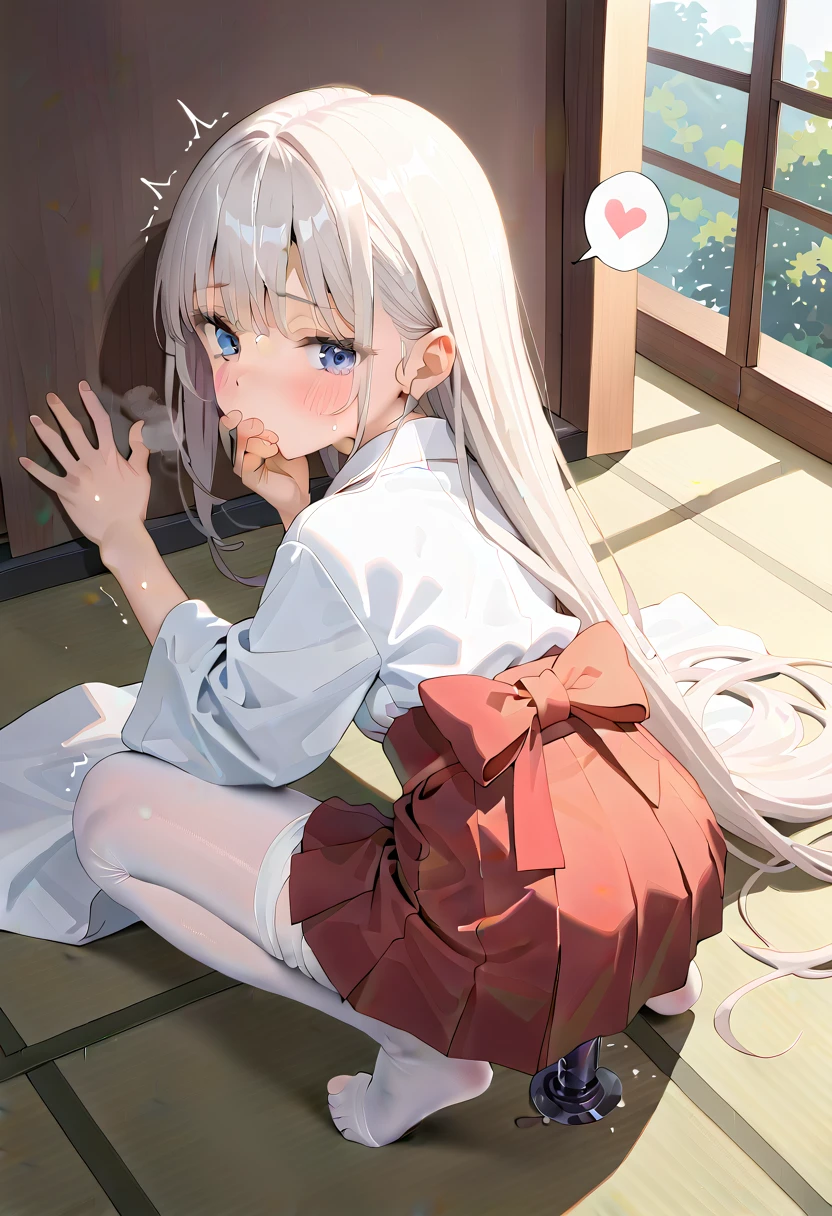 (masterpiece,beautiful,hughres,CG,8k,16k,best quality,high-resolution,detailed fingers,detailed hands,detailed legs,detailed eyes:1.5),anime,source anime,illustration,(from behind,from above:1.4),(1girl,Alone:1.5),(sunlight,Japanese style,Japanese-style room,tatami:1.5),(tatamiの上で:1.2),(white hair:1.5),blue eyes,(very long hair,straight hair,bangs:1.5),(miko,japanese clothes,white kimono,red skirt,mini skirt,white tights:1.3),(open clothes:1.2),(small breasts:1.4),(Put your hands on the wall:1.4),sitting,hand over own mouth, covering own mouth,(squatting:1.3),(dildo:1.3),dildointhong,(female orgasm,pussy juice:1.3),(trembling:1.4),(gasping,heavy breathing,blush:1.5),(impatience1.1),flustered,(fidgeting around:1.4),(steam:1.2),(sweat skin,sweat:1.4),(streaming tears:1.3),drooling,looking away,(looking down,looking back:1.4),(spoken heart:1.2),(narrow one's eyes:1.6)