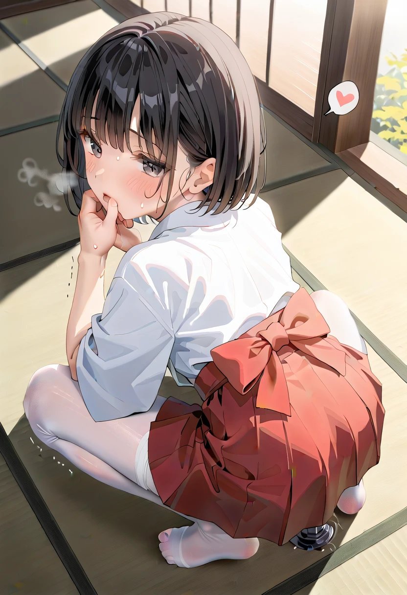 (masterpiece,beautiful,hughres,CG,8k,16k,best quality,high-resolution,detailed fingers,detailed hands,detailed legs,detailed eyes:1.5),anime,source anime,illustration,(from behind,from above:1.4),(1girl,Alone:1.5),(sunlight,Japanese style,Japanese-style room,tatami:1.5),(tatamiの上で:1.2),(black hair:1.5),black eyes,(short hair,bangs:1.5),(miko,japanese clothes,white kimono,red skirt,mini skirt,white tights:1.3),(open clothes:1.2),(small breasts:1.4),(Put your hands on the wall:1.4),sitting,hand over own mouth, covering own mouth,(squatting:1.3),(dildo:1.3),dildointhong,(female orgasm,pussy juice:1.3),(trembling:1.4),(gasping,heavy breathing,blush:1.5),(impatience1.1),flustered,(fidgeting around:1.4),(steam:1.2),(sweat skin,sweat:1.4),(streaming tears:1.3),drooling,looking away,(looking down,looking back:1.4),(spoken heart:1.2),(narrow one's eyes:1.6)