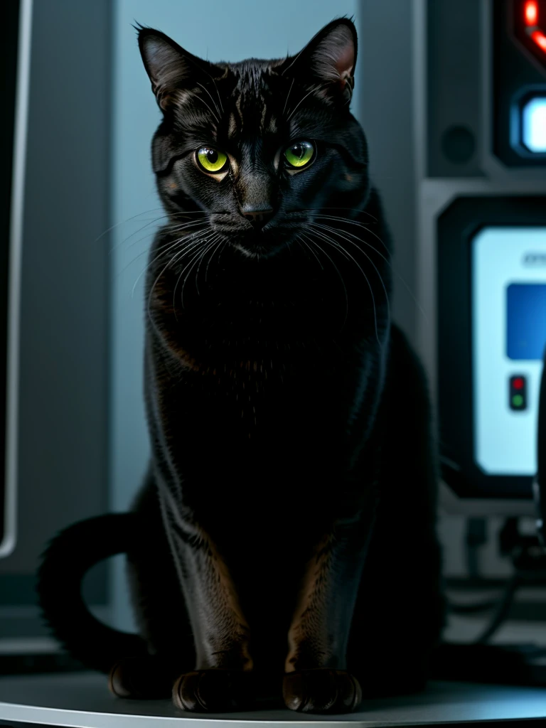 A cat in Terminator Genesis movie, at Cyberdine systems, sorrounden by computers, digital technology and AI creatures.