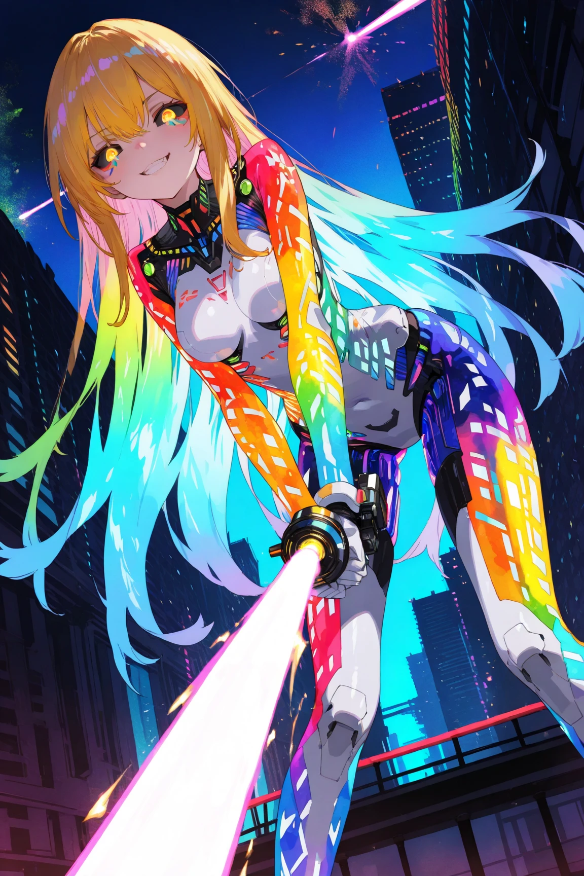 1girl,beautiful robotic cyberwoman,(colorful long hair:1),(colorful body suit made of thousands of glowing transistors:1.4),delicate parts,fractal art,colorful,digital painting,(masterpiece: 1.3 ),highly detailed,ultra detailed,high res,black sclera,(glowing lights and leds:1.3),(robotic breasts with glowing LED:1.2),medium breasts,(background:an elaborate dark cityscape:1.1),(detailed glowing eyes:1.2),intimidating,tattoo,solo focus,view from below,psychotic smile,cyberpunk,(leaning forward),glowing hand,holding weapon,(arms with glowing lightsabers:1.2),(attacking, swinging laser swords:1.3)