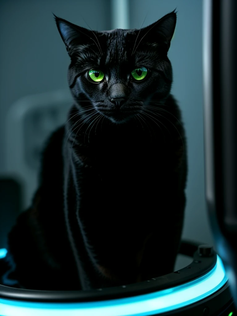 A cat in Terminator Genesis movie, at Cyberdine systems, sorrounden by computers, digital technology and AI creatures.