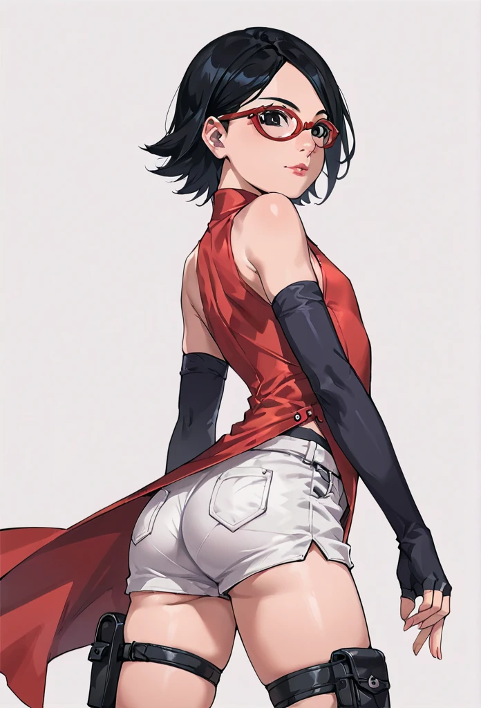 score_9_up, score_8_up, score_7_up, score_6_up, score_5_up, score_4_up, ,zPDXL2, solo, rating_questioablr, perfect face, perfect eyes, BBC_Chan Style, Sarada Uchiha, solo, 1girl, black hair, short hair, red-framed eyewear, glasses, detailed perfect black eyes,red dress, sleeveless, elbow gloves, black gloves, fingerless gloves, white shorts, black thighhighs, thigh holster, flat chest, round butt, back view, confidient pose, red lipstic