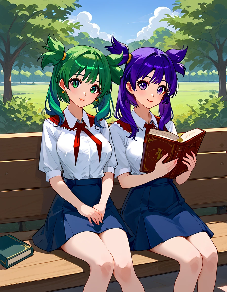 1 girl, two heads, purple hair, ponytails, bob, green hair, Lena, white blouse, blue skirt, red pioneer tie, sitting on a bench, holding a book.