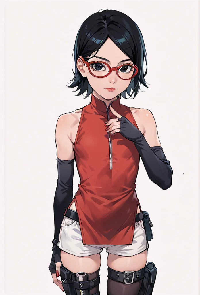 score_9_up, score_8_up, score_7_up, score_6_up, score_5_up, score_4_up, ,zPDXL2, solo, rating_questioablr, perfect face, perfect eyes, BBC_Chan Style, Sarada Uchiha, solo, 1girl, black hair, short hair, red-framed eyewear, glasses, black eyes,red dress, sleeveless, elbow gloves, black gloves, fingerless gloves, white shorts, black thighhighs, thigh holster, flat chest, round butt, front view, confidient pose, red lipstic