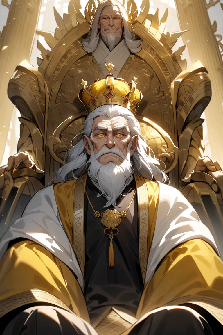 image of an elderly man sitting on a golden throne, with a long white beard and white hair