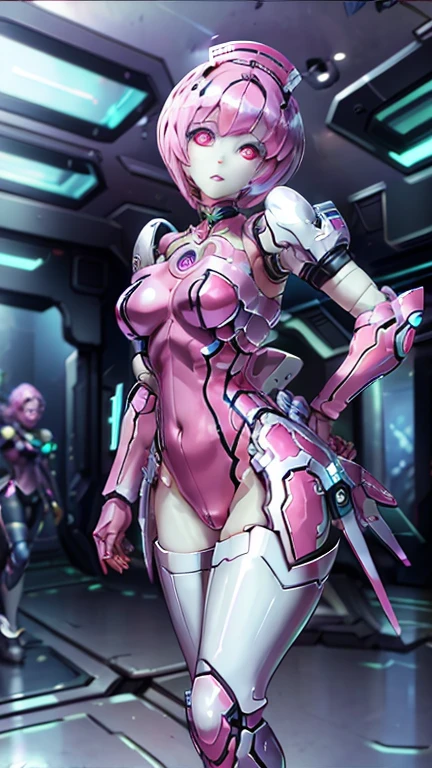  highest image quality taken by Ki、8k、Realistic、 girl 、 Android 、1 person,  cyberpunk、 near future city、  dynamic poses in a crowded store, high resolution, masterpiece, high quality, perfect face, Elenor, (robot, silver metal body), solid pink eyes, pink armor, pink helmet, large breasts, extremely glossy, futuristic city, night time, 