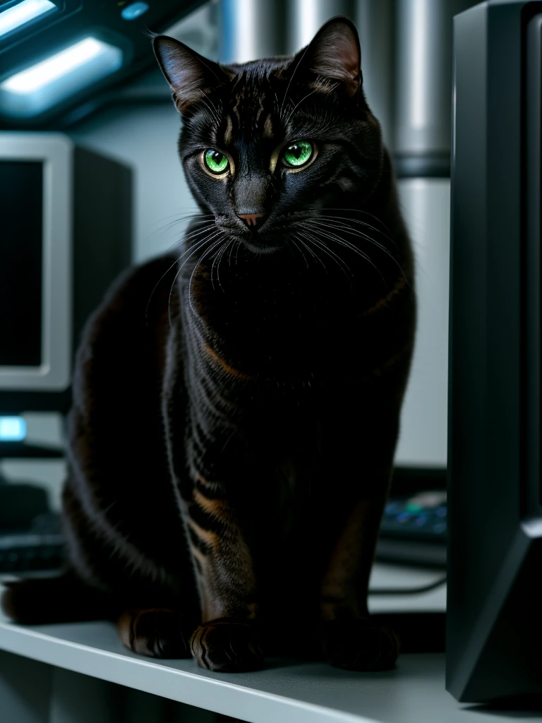 A cat in Terminator Genesis movie, at Cyberdine systems, sorrounden by computers, digital technology and AI creatures.