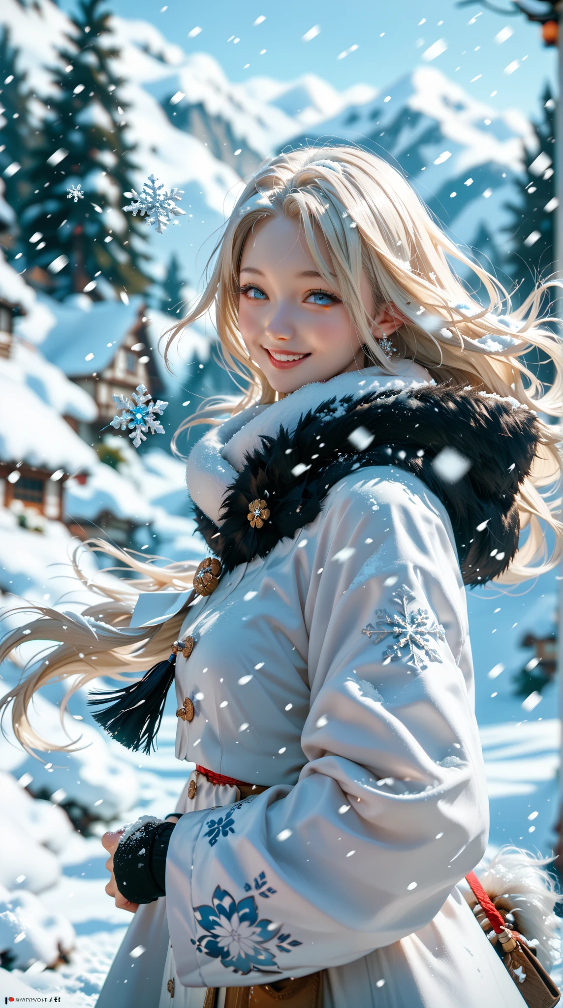  top quality , 4k quality, 1girl, white hanfu, snow, Long hair flowing with the wind, healing smile, Large aperture,  Blurred Background 