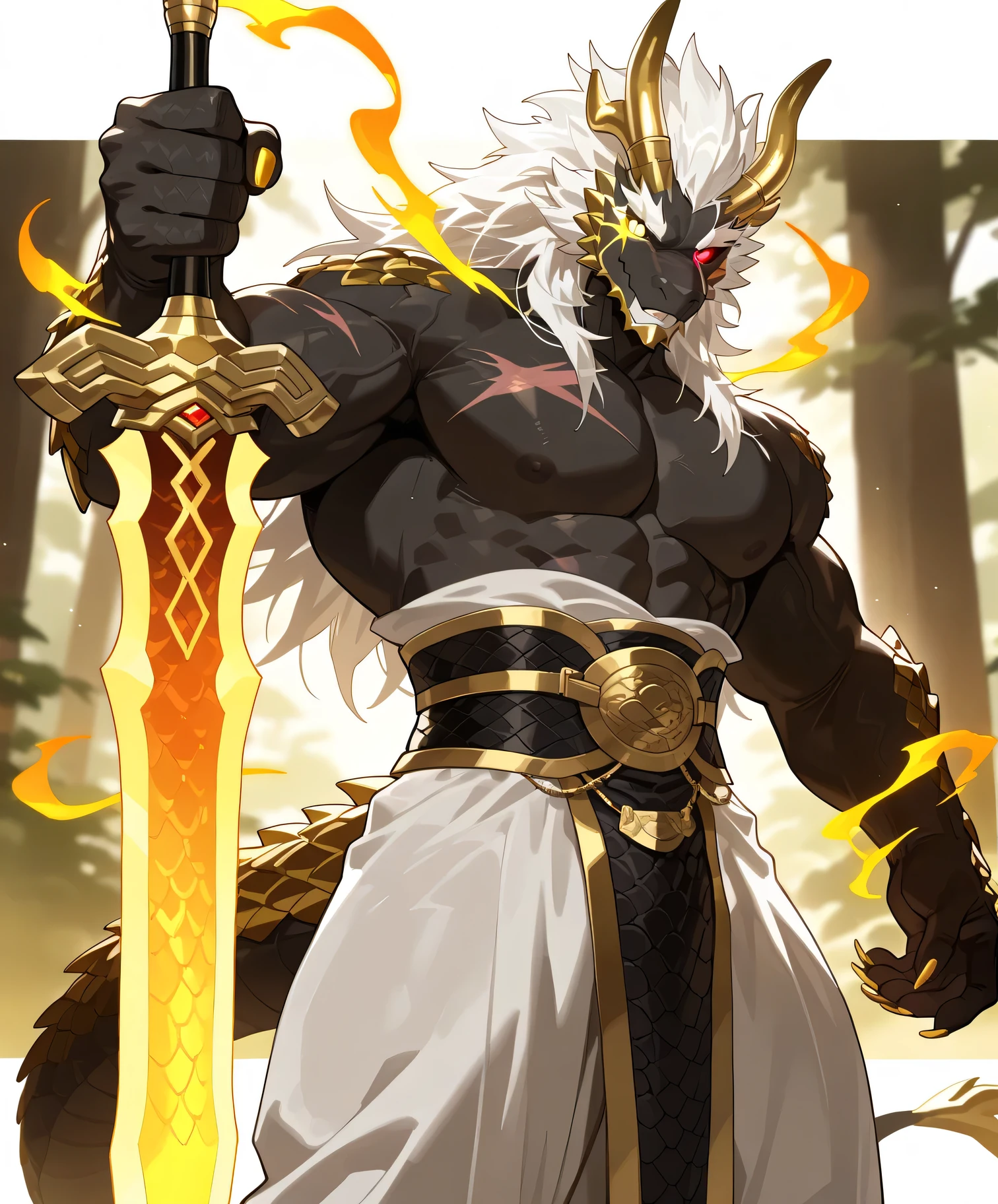 masterpiece, of the best quality, high quality , milk, ultra high resolution , anime style,( Muscular ,Big muscles, Muscular male:1.1), Unique ,whole body,1male,furry, Oriental Dragon, black Oriental Dragon ,Black dragon scales,White belly,Abdominal muscles, with colorful rings on the golden horn,Heterochromic eyes, one red eye , one golden eye ,White sclera , with obvious scars on his face ,, black body mark ,5 fingers,5 toes,paw,golden nails , white hair,Tail cluster ,Wearing Hanfu,( The black dragon claw has a ring of elements floating on the back of its hand:1.2),Holds a sword ,whole body穿着铠甲,Standing in the forest,by fansl:0.8,by bebebe:0.3,by sollyz:0.6,