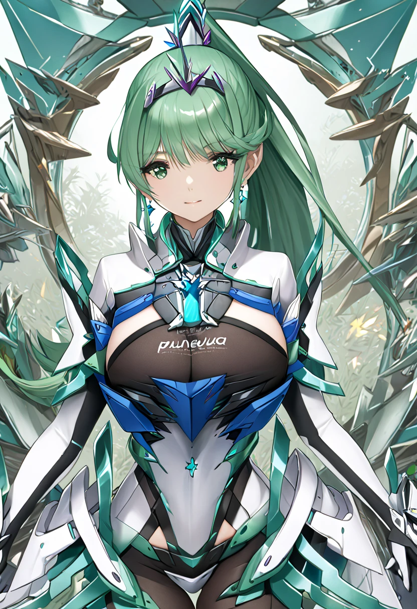  top quality 、 super detailed 、 high res illustration、Ultra-high-definition CG、８k size wallpaper、 production art、Puneuma、 green eyes、 green hair、 tiara 、 ponytail、 earrings for women with first name、 big breasts、armor、 Chest Jewel 、white gloves、Elbow gloves、