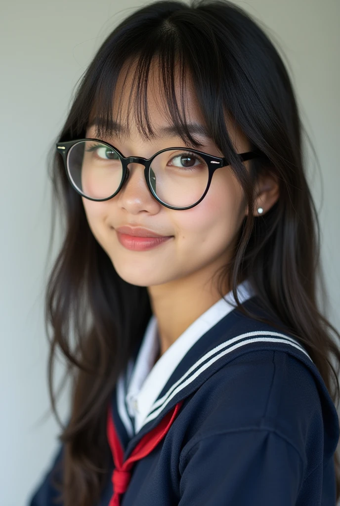 Best-Quality, Masterpiece, Ultra-High-Resolution, (Photorealistic:1.4), Raw-Photo, Hyper-Detailed, 1girl, Japanese famous idol, 14-years-old, wearing Round Glasses and Japanese high school uniform, cowboy shot, downblouse, laughing out loud, (extremely cute face like a the most popular Japanese idol, amazingly beautiful big black eyes, beautiful black hair, pretty beautiful lips, very beautiful medium breasts, perfect short body), detailed face, detailed eyes, detailed glasses, detailed hair, detailed lips, detailed Japanese high school uniform, detailed short body, detailed thighs