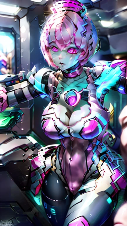  highest image quality taken by Ki、8k、Realistic、 girl 、 Android 、1 person,  cyberpunk、 near future city、  dynamic poses in a crowded store, high resolution, masterpiece, high quality, perfect face, Elenor, (robot, silver metal body), solid pink eyes, pink armor, pink helmet, large breasts, extremely glossy, futuristic city, night time, 