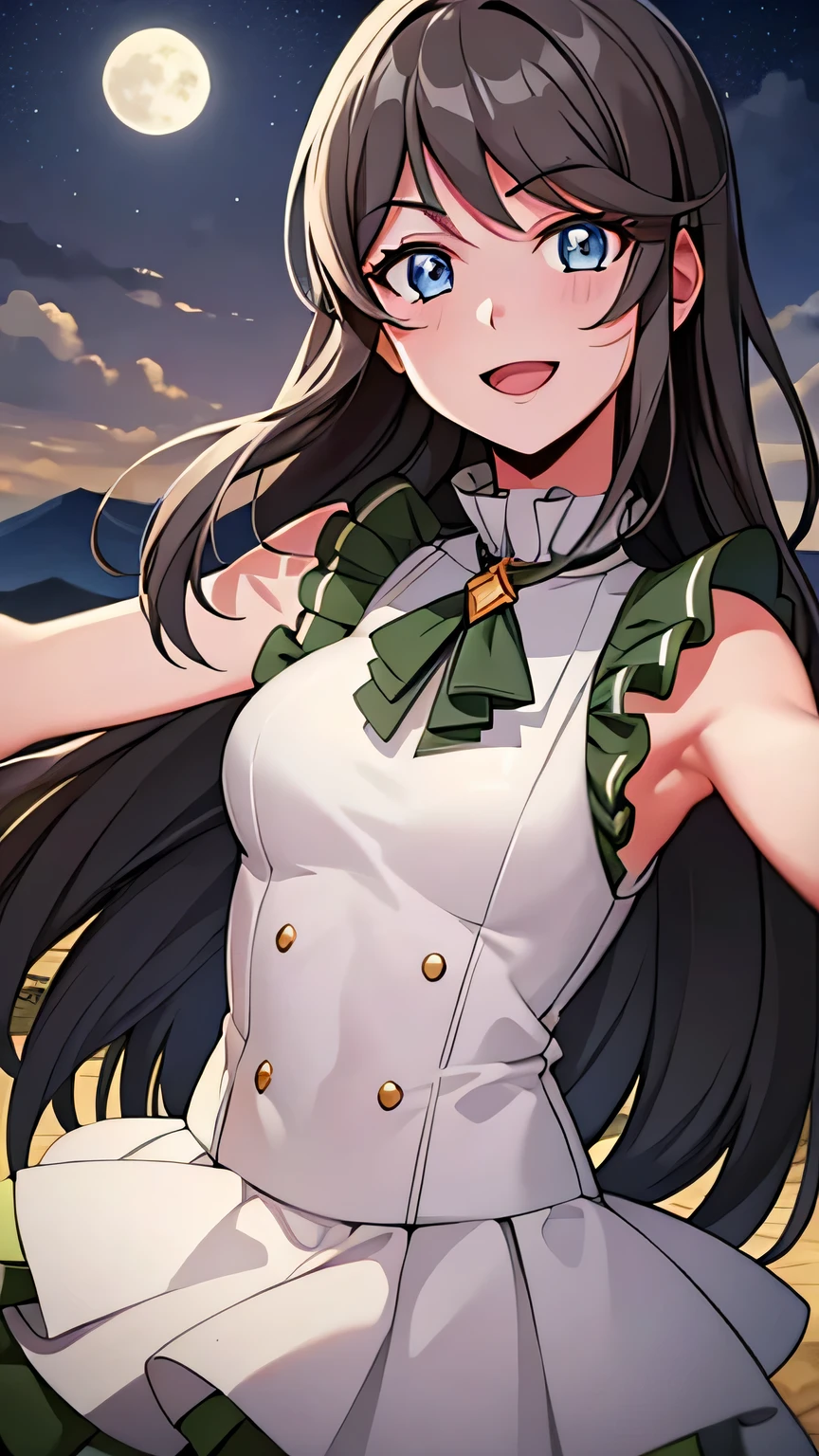 quality, masterpiece, highly detailed, 8k, masterpiece, tilly wimbledon, sleeveless, 1girl, smile, open mouth, blush, detailed face, detailed eyes, medium breast, blue eyes, top of mountain, night, moon, shooting stars, armpit