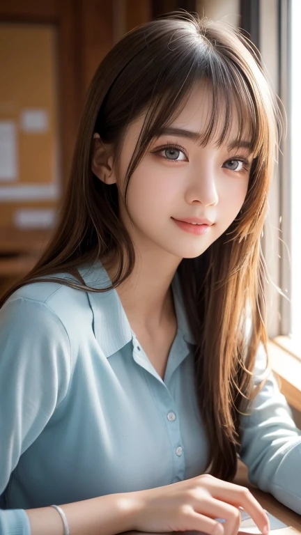 teen, 1girl in, Extremely cute, Amazing face and eyes, (Beautiful lovely smile), (extremely detailed beautiful face), bright and shiny lips, Super beautiful, (School blouse:1.3), (Best Quality:1.4), (hyper quality), (Ultra-detailed), (Hyper-realistic, Photorealsitic:1.37), Authentic skin texture, Highly detailed CG integrated 8k wallpapers, RAW Photos, professional photograpy, Cinematic lighting,