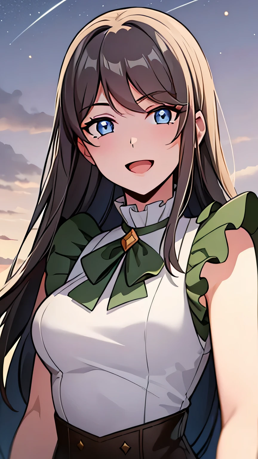 quality, masterpiece, highly detailed, 8k, masterpiece, tilly wimbledon, sleeveless, 1girl, smile, open mouth, blush, detailed face, detailed eyes, medium breast, blue eyes, top of mountain, night, moon, shooting stars, armpit