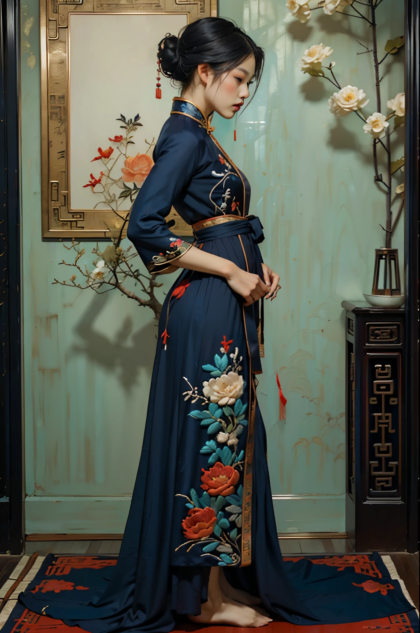 RAW photo, (Random shot, full body in frame, Side view focus, Dutch Angle), ((Asian adult female, one-person,) (traditional Chinese dress, one-piece, dark navy, long length, elegant, embroidered, decoration, fascinating,) random posing, stylish, cool, cute, sexy),