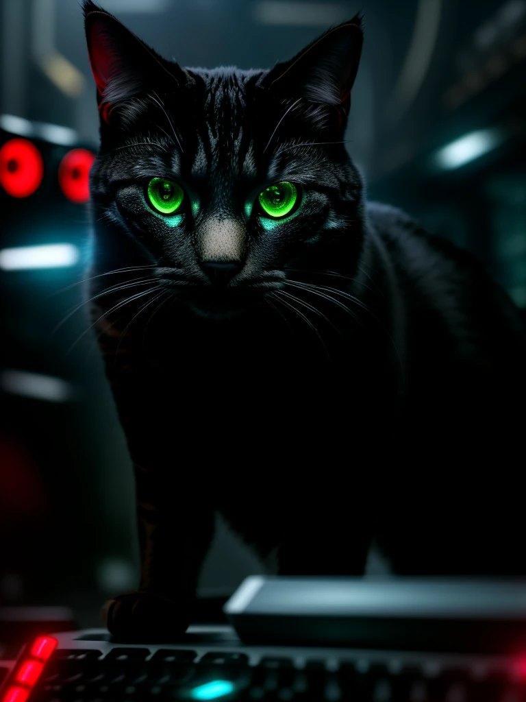 a cyberpunk terminator cat,extremely detailed eyes,extremely detailed face,highly detailed fur,glowing red eyes,metallic body parts,surrounded by computers,digital technology,ai creatures,apocalyptic cyberpunk city,dramatic lighting,neon lights,moody atmosphere,cinematic camera angle,8k,masterpiece,photorealistic,hyper detailed,intricate details