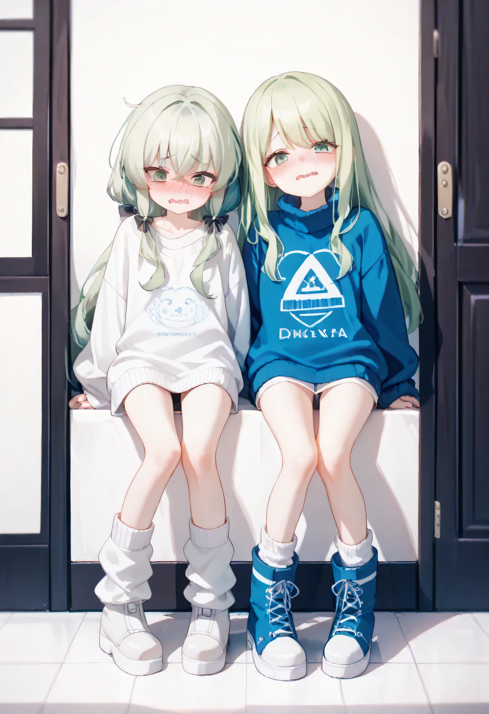 Best quality, Highest quality, Oversized sweater, 黒いブラジャー, tights, thick-soled boots, Loose Socks, wavy mouth, Shy, bags under her eyes, flat chest, skinny body, 2girls, blue archive , 1girl Tachibana Hikari, 1girl Tachibana Nozomi, 2girls green hair 