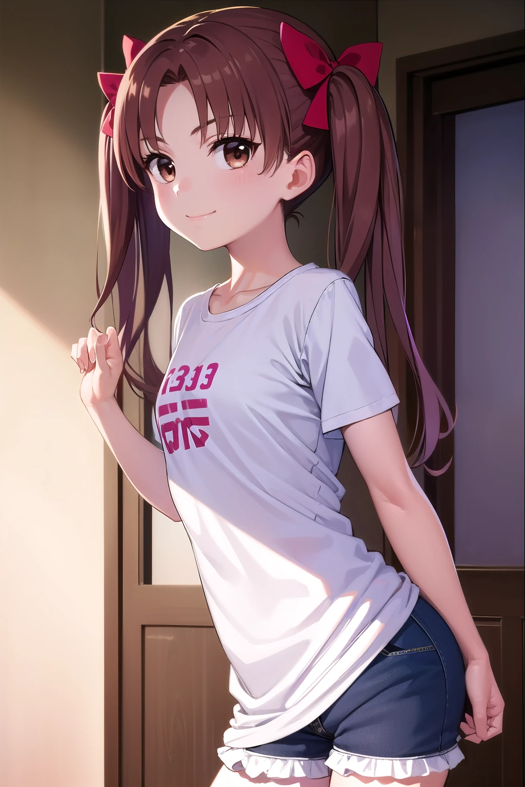  One Girl , Alone,  long hair, Chest,  show viewer , , smile, Brown Hair,  shirt, bow,  twin tails,  brown eyes, white t- shirt, hair bow, Bloomers:1.3, indoor,  clitoris:1.3, :1.4, Kuroko Shirai, ahehe