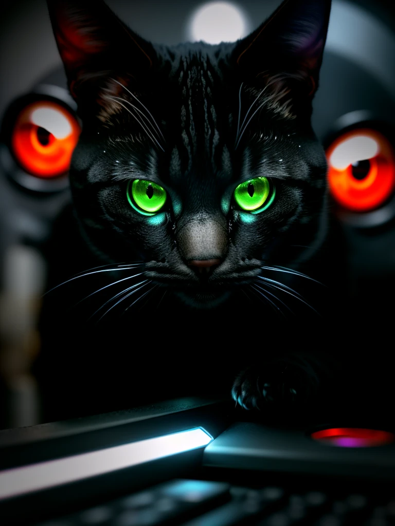 a cyberpunk terminator cat,extremely detailed eyes,extremely detailed face,highly detailed fur,glowing red eyes,metallic body parts,surrounded by computers,digital technology,ai creatures,apocalyptic cyberpunk city,dramatic lighting,neon lights,moody atmosphere,cinematic camera angle,8k,masterpiece,photorealistic,hyper detailed,intricate details