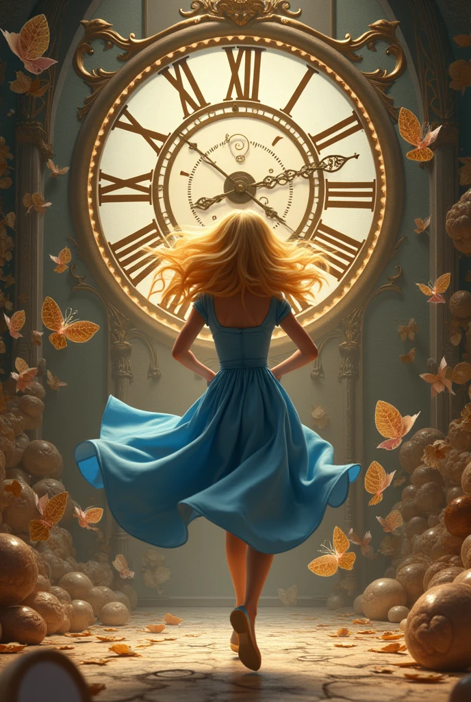 (Beautiful Detailed Eyes), Movie Lighting, White Hair, Blue Eyes, Long Blonde Hair, Curly Hair, Roman Curls, Puff Sleeves, Frills, Glowing Eyes, (Illuminated Particles), Cloudy Wrapper, Alice in Wonderland, Blue Eyes, Light Blue Dress, Cane, Dramatic Composition, Extreme Detail, High Resolution, Mr. Rabbit, White Rabbit, Pocket Watch, Playing Cards Flying in the Air, Lolita Dress, Blue and White Striped Stockings, Bow, Look at the Camera, Socks with Frills, Pearl Necklace, Lace Gloves, Large Bow Headdress, Ribbon, Jumping, falling, levitating, cloudy, starry, dreamy