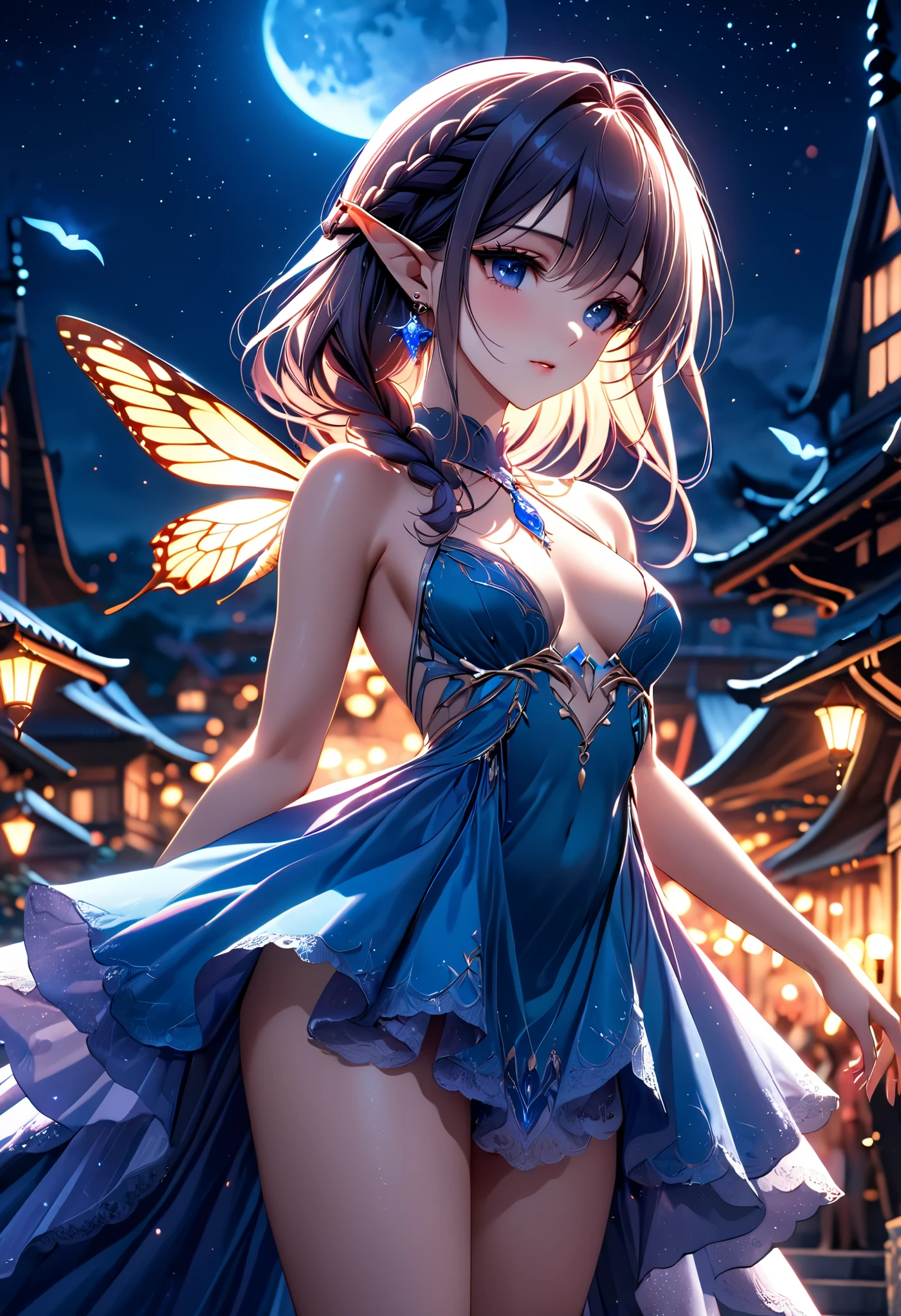 anime,  girl , (elf),  Beautiful,  sexy, beautiful dress, Braided ,  Light Makeup ,  Perfect anatomy , decorations, night background, stars, Moths,  beautiful colors ,  Beautiful Moonlight ,  masterpiece fails,  maximum quality ,  complex details , ultra details, 8 k,  cinematic shot,