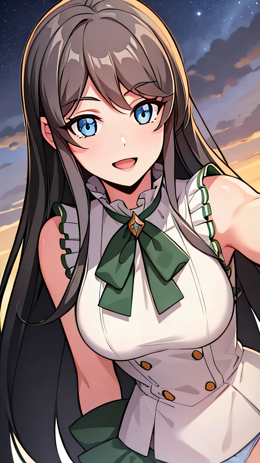 quality, masterpiece, highly detailed, 8k, masterpiece, tilly wimbledon, sleeveless, 1girl, smile, open mouth, blush, detailed face, detailed eyes, medium breast, blue eyes, top of mountain, night, moon, shooting stars, armpit, white panties