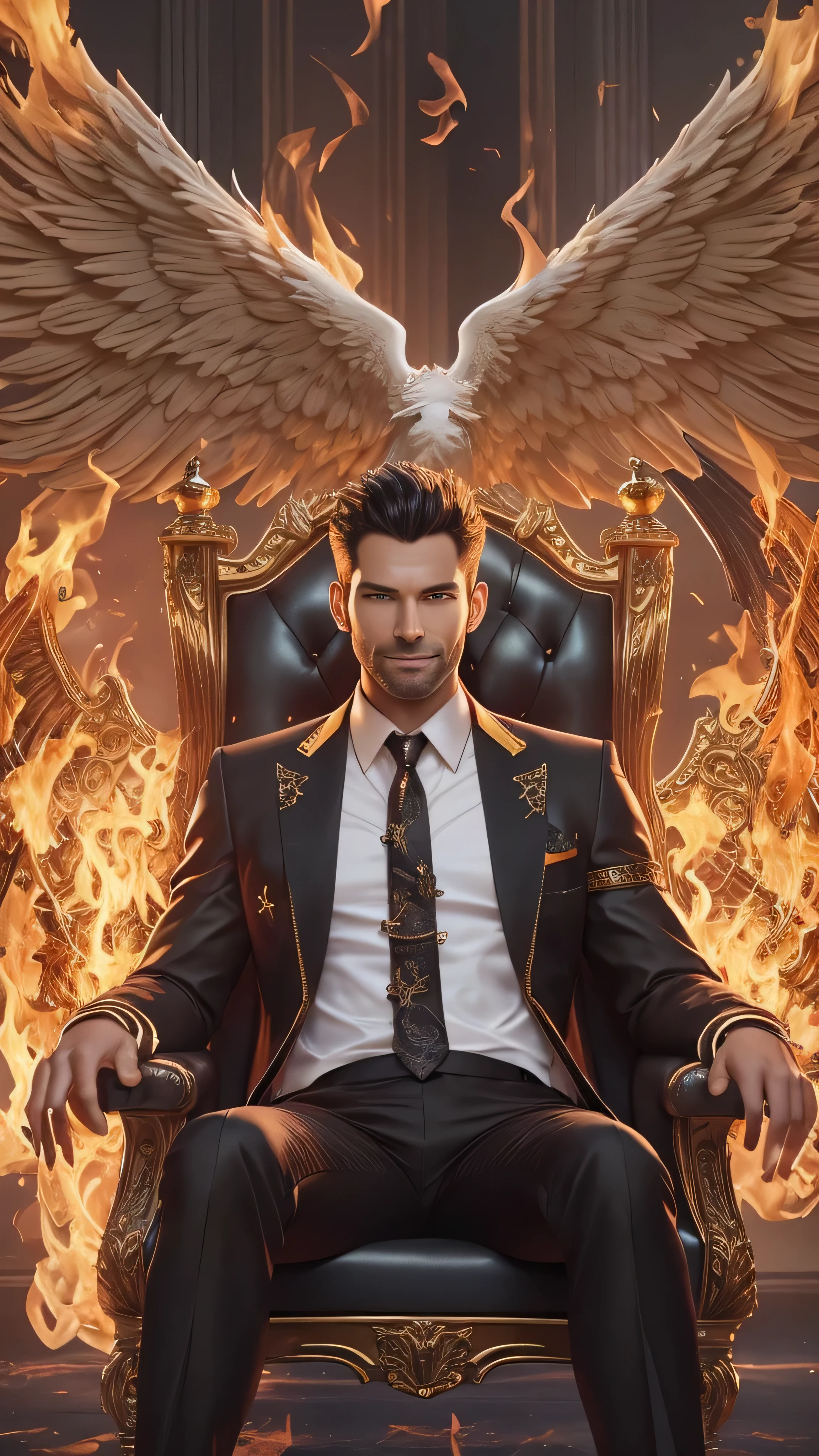 (8k,  top quality , masterpiece:),  Lucifer Morningstar with rubber duck toys, An English male angel with dark hair ,  mischievous smile, Burning Wings, devil, Fallen Angel, Flames on the background,  Details, Dark Suit, Club Theme, 1:1 Ratio,  sitting on a throne and drinking whiskey,  Details,  realistic