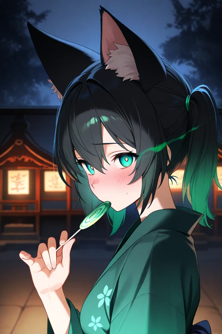  maximum resolution ,  very detailed ,  best quality,precise,  masterpiece, Solo,1 woman,Light green hair,Short twinthels ,Black hair tie ,Cat ears, Jewel Green Eyes ,Light Gradient Eyes ,Glowing Eyes , shy faces, Green Yukata Dress , Japanese shrine ,Holding a candy ,Dark Morning , is anatomically correct, anime images 