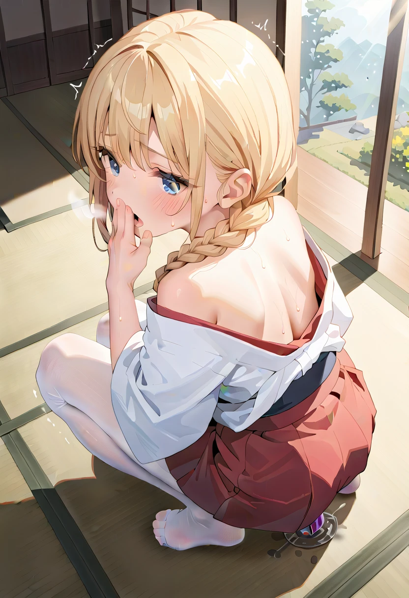 (masterpiece,beautiful,hughres,CG,8k,16k,best quality,high-resolution,detailed fingers,detailed hands,detailed legs,detailed eyes:1.5),anime,source anime,illustration,(from behind,from above:1.4),(1girl,Alone:1.5),(sunlight,Japanese style,Japanese-style room,tatami:1.5),(tatamiの上で:1.2),(blonde hair:1,5),blue eyes,(ahoge:0.2),(braided hair,twintails:1.5),(miko,japanese clothes,white kimono,red skirt,mini skirt,white tights:1.3),(single-shoulders:1.2),(small breasts:1.4),sitting,hand over own mouth, covering own mouth,(squatting:1.3),(dildo:1.3),dildointhong,(female orgasm,pussy juice:1.3),(trembling:1.4),(gasping,heavy breathing,blush:1.5),(impatience1.1),flustered,(fidgeting around:1.4),(steam:1.2),(sweat skin,sweat:1.4),(streaming tears:1.3),drooling,looking away,(looking down,looking back:1.4),(spoken heart:1.2),(narrow one's eyes:1.6)