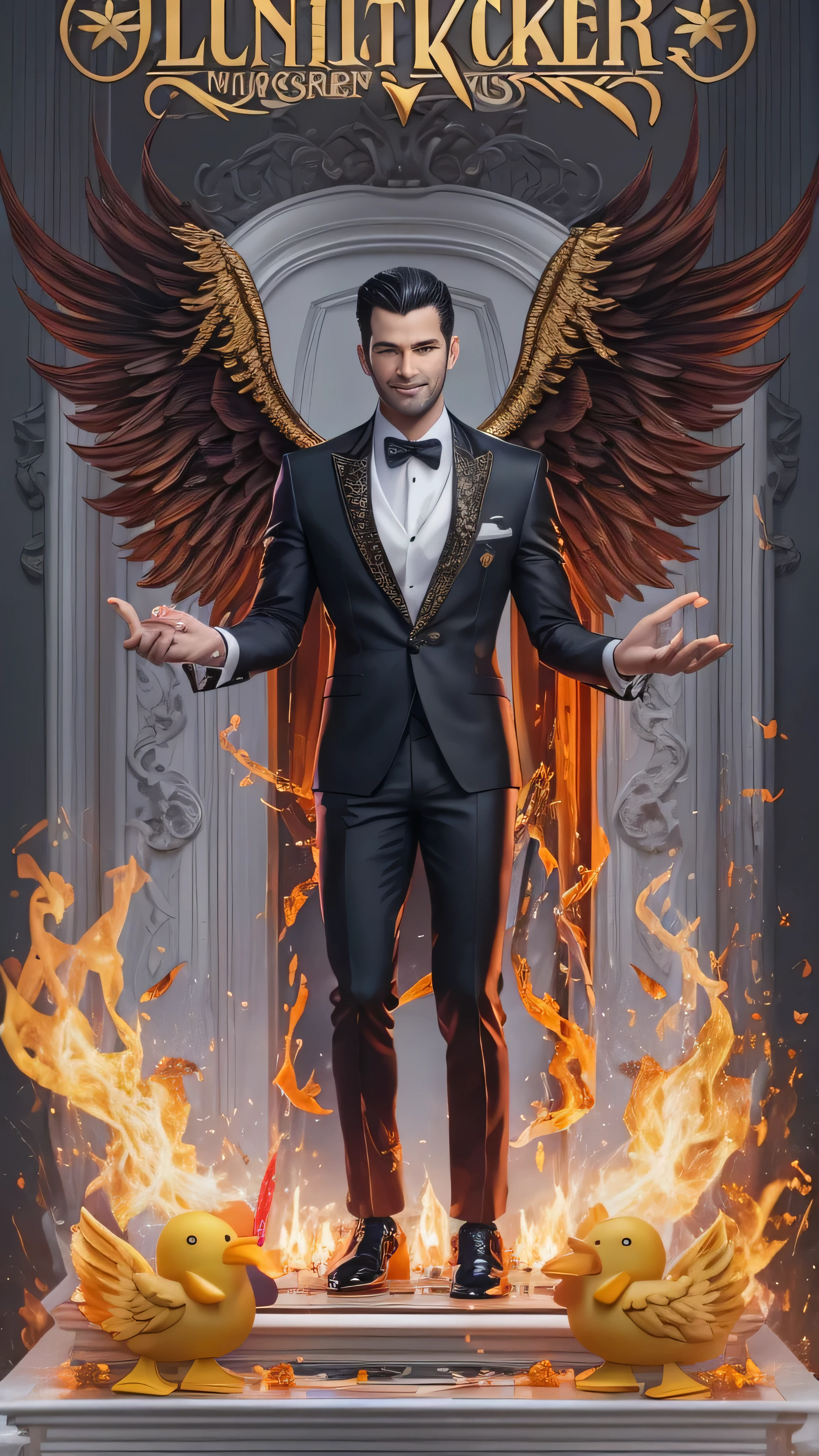 (8k,  top quality , masterpiece:),  Lucifer Morningstar with rubber duck toys, An English male angel with dark hair ,  mischievous smile, Burning Wings, devil, Fallen Angel, Flames on the background,  Details, Dark Suit, Club Theme, 1:1 Ratio,  sitting on a throne and drinking whiskey,  Details,  realistic