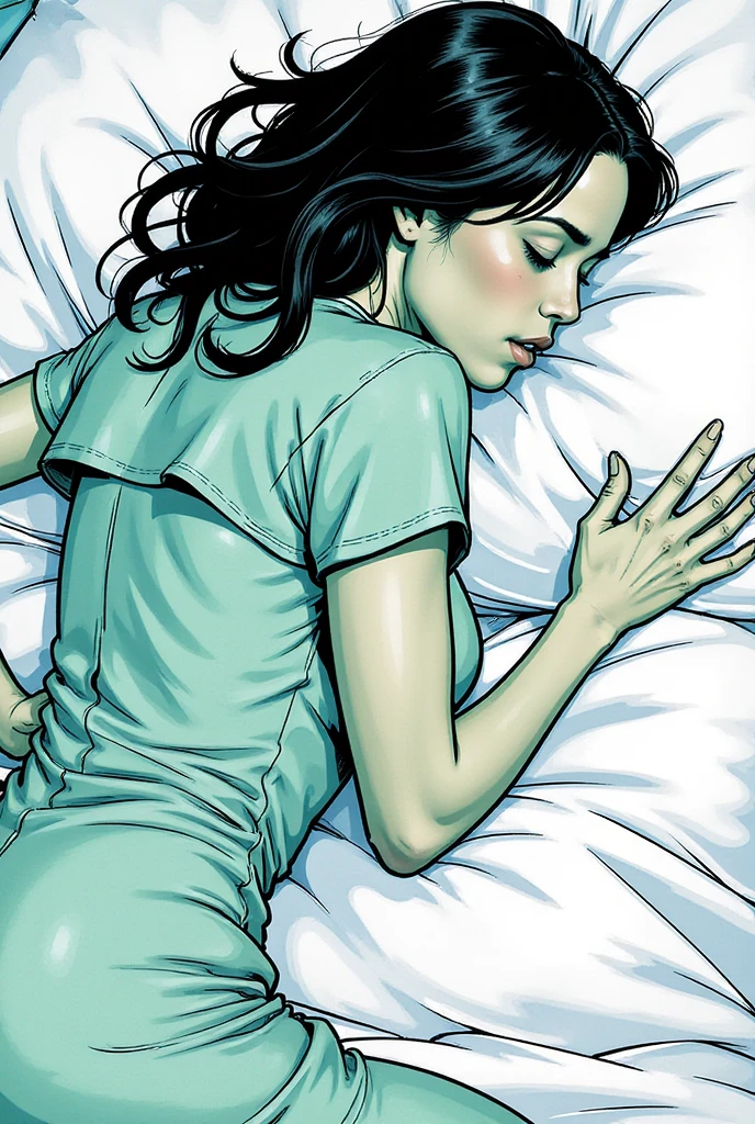 Illustration, masterpiece, portrait of Jenna Ortega, thin and athletic, small breasts, wearing a light Green patient dress, sleeping in an hanted hospital during night, lying on back, hospital bed, hospital room, very dark, horrific, long black hair, closed eyes, sleepy, dying, sweaty, high resolution, high definition, comics drawing with ink and watercolor, on white paper, white background, American comics, many details, black and white, neon, dark shadows, tacking IV drip 