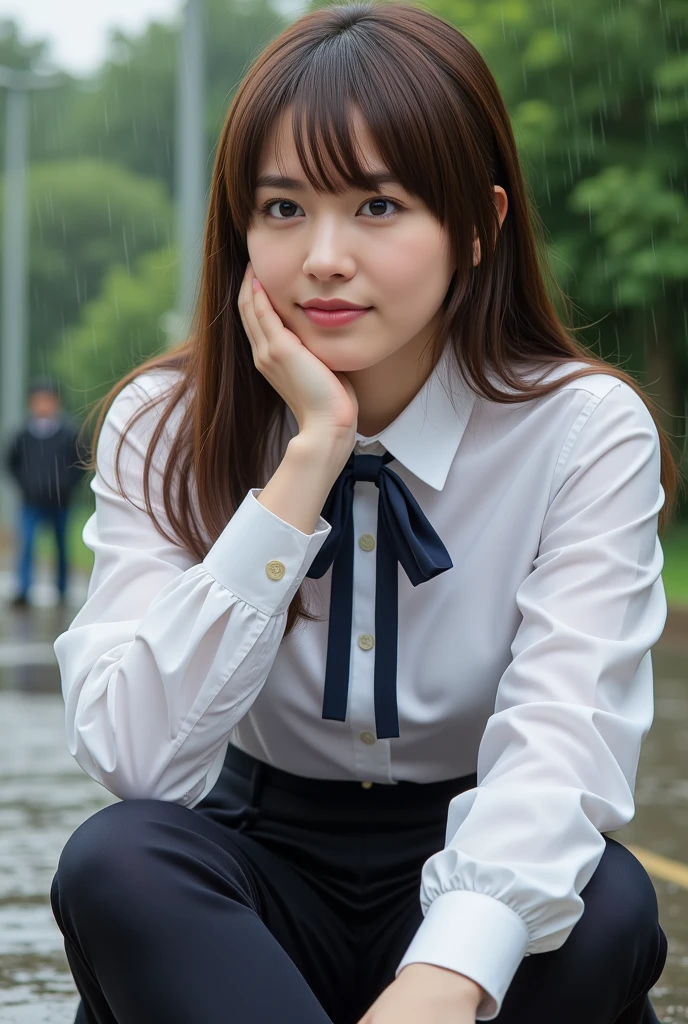 masterpiece,  top quality ,  Official Art, ( Highly Detailed CG Unity 8K Wallpaper ),  detailed background , ( Guido Daniele's hand: 1.1), Legs Outside the Frame ,  first-person view, 1,   beautiful woman charming and perfect,  high school girl, ＪＫ,  high school girl Uniform, Rainy Day, Lots of rain, In the Wind , ( carvicious),  (  brown long hair ( green eyes: 1.13), big, ( clevis on a stone),  beautiful faces, (: 1.11), (smile: 1.11)