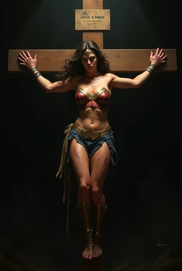 highest quality, masterpiece, ((crucifixion:1.5)), (execution), supergirl bodysuit, horrified, bleeding, ((Woman in crucifixion at the cross:1.5)), crucifixion, blue suit, Superman logo on chest, red skirt,((Torn costume)), ((Tearing of clothes)), (tattered clot(many bruises on body)), scars on body, wounds on body, injured face and body, a devastated world, ruins, abandoned building, (burning at the stake), ((roasted over fire:1.2))