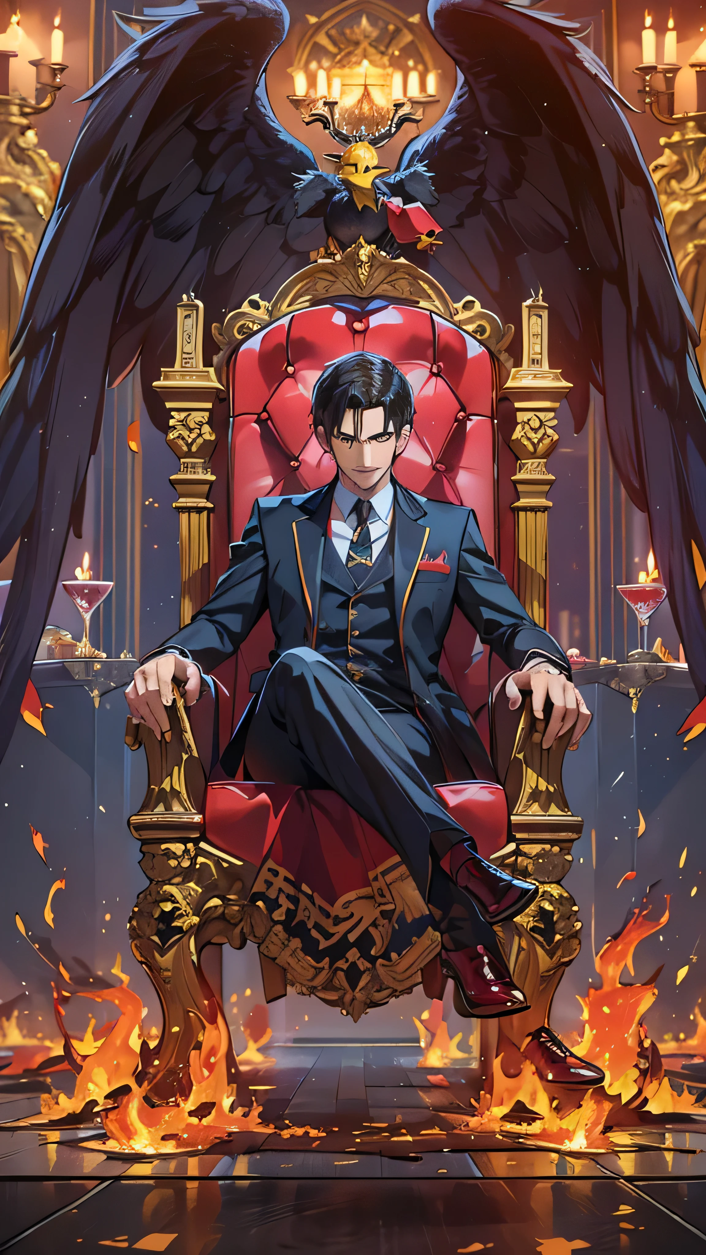 (8k,  top quality , masterpiece:),  Lucifer Morningstar with rubber duck toys, An English male angel with dark hair ,  mischievous smile, Burning Wings, devil, Fallen Angel, Flames on the background,  Details, Dark Suit, Club Theme, 1:1 Ratio,  sitting on a throne and drinking whiskey,  Details,  realistic