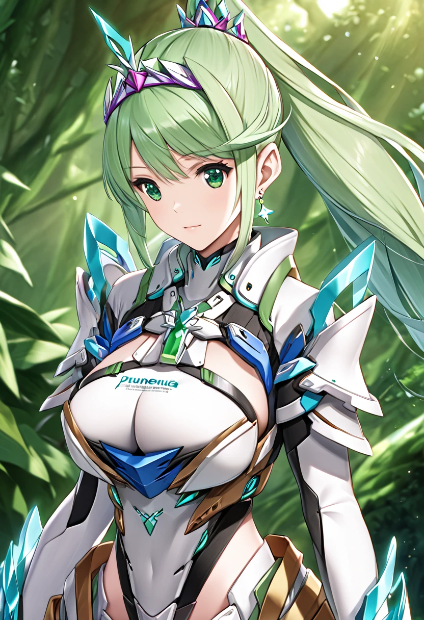  top quality 、 super detailed 、 high res illustration、Ultra-high-definition CG、８k size wallpaper、 production art、Puneuma（ Xenoblade）、 green eyes、 green hair、 tiara 、 ponytail、 earrings for women with first name、 big breasts、armor、 Chest Jewel 、white gloves、Elbow gloves、