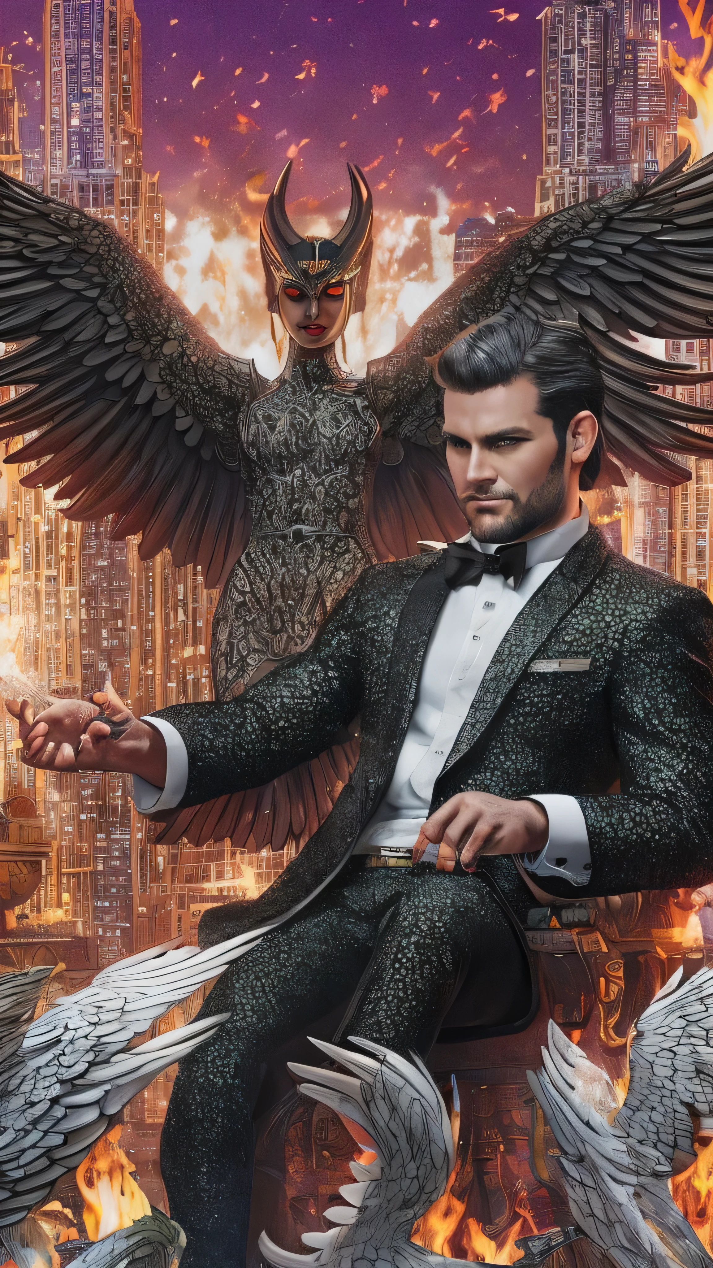 (8k,  top quality , masterpiece:),  Lucifer Morningstar with rubber duck toys, An English male angel with dark hair ,  mischievous smile, Burning Wings, devil, Fallen Angel, Flames on the background,  Details, Dark Suit, Club Theme, 1:1 Ratio,  sitting on a throne and drinking whiskey,  Details,  realistic