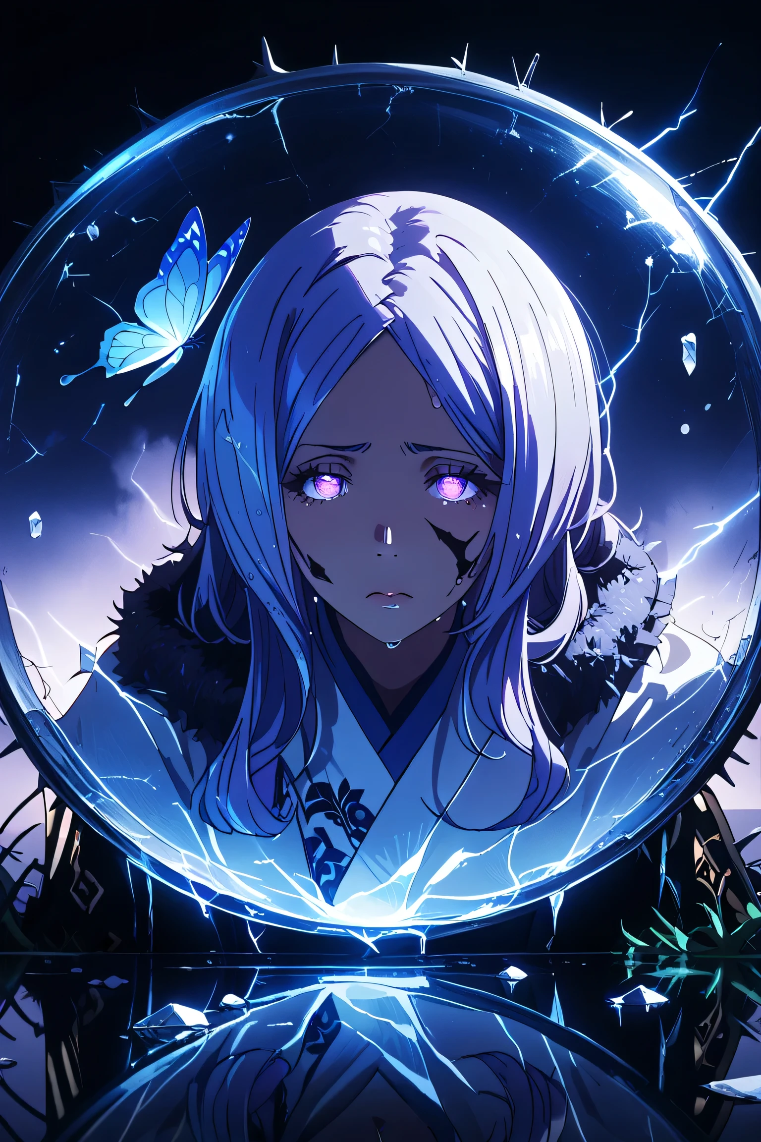masterpiece, best quality, newest, absurdres, highres, 1girl, purple hair, purple eyes, hair ornament, electricity, abstract, breaking, shattered, glass, broken glass, monochrome, spot color, blue and black theme, dark, sad, gothic, black rose, thistles and thorns, flora, black and thick liquid, fog, blue butterfly, underlighting, strong visual impact, film lighting, (different reflection, reflection, glass shards:1.2), An ethereal sketch using lineart techniques and wet on wet painting, shatter across face, blood from eyes, tomoe \(symbol\), detailed, time paradox, multiple views, black background, photo \(medium\), simple background, blue hair, kimono,