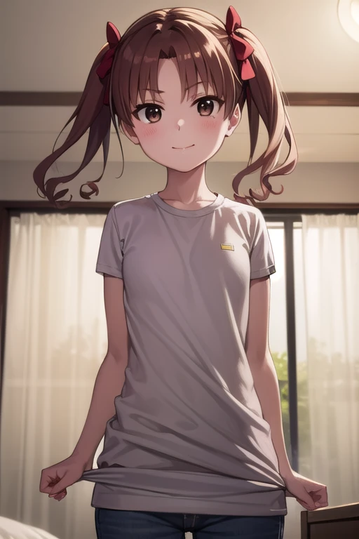  Highest Masterpieces，One young girl， Alone， long hair, Chest， show viewer , , smile，Brown Hair,  shirt, bow,  twin tails,  brown eyes, white t- shirt, hair bow, Bloomers:1.3, indoor， clevis on a stone， clitoris:1.3，Excited facial expression:1.4，Kuroko Shirai， ahehe，