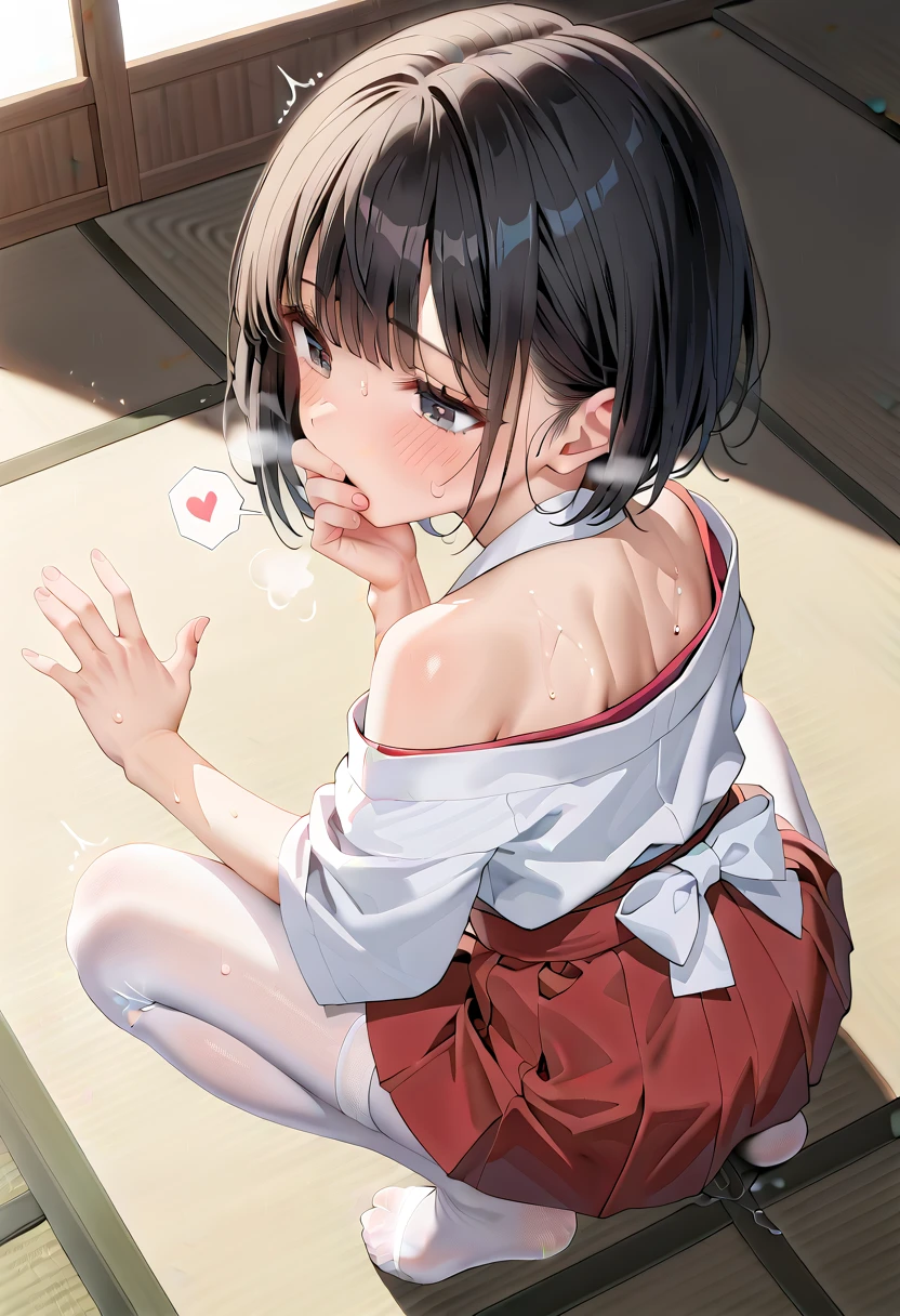 (masterpiece,beautiful,hughres,CG,8k,16k,best quality,high-resolution,detailed fingers,detailed hands,detailed legs,detailed eyes:1.5),anime,source anime,illustration,(from behind,from above:1.4),(1girl,Alone:1.5),(sunlight,Japanese style,Japanese-style room,tatami:1.5),(tatamiの上で:1.2),(black hair:1.5),black eyes,(short hair,bangs:1.5),(miko,japanese clothes,white kimono,red skirt,mini skirt,white tights:1.3),(single-shoulder:1.2),(small breasts:1.4),sitting,hand over own mouth, covering own mouth,(squatting:1.3),(dildo:1.3),dildointhong,(female orgasm,pussy juice:1.3),(trembling:1.4),(gasping,heavy breathing,blush:1.5),(impatience1.1),flustered,(fidgeting around:1.4),(steam:1.2),(sweat skin,sweat:1.4),(streaming tears:1.3),drooling,looking away,(looking down,looking back:1.4),(spoken heart:1.2),(narrow one's eyes:1.6)