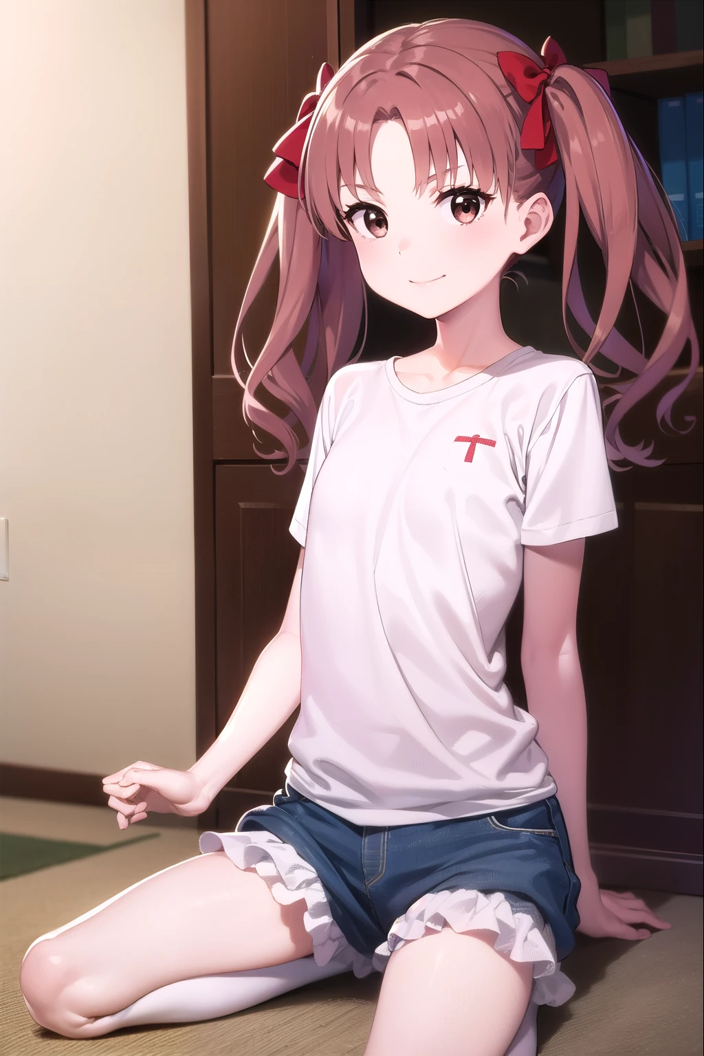  Highest Masterpieces，One young girl， Alone， long hair, Chest， show viewer , , smile，Brown Hair,  shirt, bow,  twin tails,  brown eyes, white t- shirt, hair bow, Bloomers:1.3, indoor， clevis on a stone， clitoris:1.3，Excited facial expression:1.4，Kuroko Shirai， ahehe，