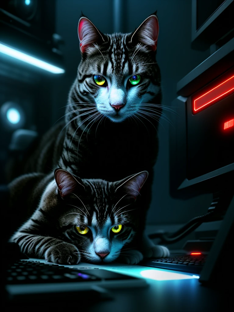 a cyberpunk terminator with a white cat,extremely detailed eyes,extremely detailed face,highly detailed fur,glowing red eyes,metallic body parts,surrounded by computers,digital technology,ai creatures,apocalyptic cyberpunk city,dramatic lighting,neon lights,moody atmosphere,cinematic camera angle,8k,masterpiece,photorealistic,hyper detailed,intricate details