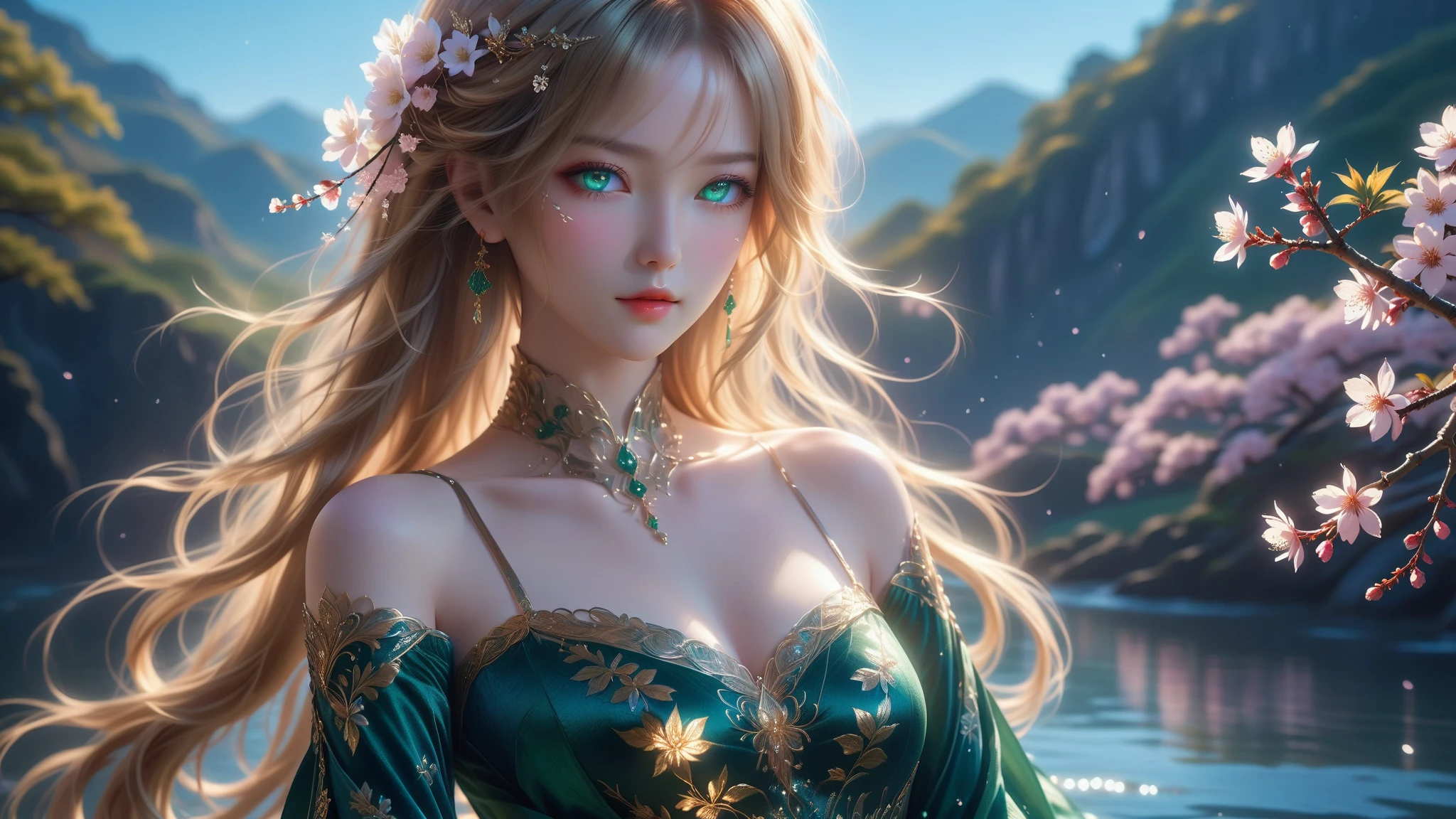 Masterpiece, highest quality, solo, (perfect face: 1.1), (high detail: 1.1), dramatic, dynamic pose, 1girl, breasts, blonde hair, bright blue eyes, solo, cleavage, delicate and characteristic pretty face, long hair, curved, small breasts, hanfu, thighs, intricate patterns, bare shoulders, slender and tall figure, pink lips, she is like a fairy in the mortal world, elegant and elegant. Her dress was made of silk and dyed a soft pink color to match the glow of the sky. The dress has intricate embroidery of flowers and birds, showing her elegant taste and noble status. She wore a jade-colored hairpin on her long black hair, which fluttered behind her as she ran. Her face is delicate and flawless, with bright eyes and rosy lips. She smiled and enjoyed the freedom and beauty of nature. The fields are covered with green grass and colorful wildflowers that sway in the breeze. The sun sets behind the mountains, casting a warm glow on the entire scene. She looks like a painting, a dream, a poem.