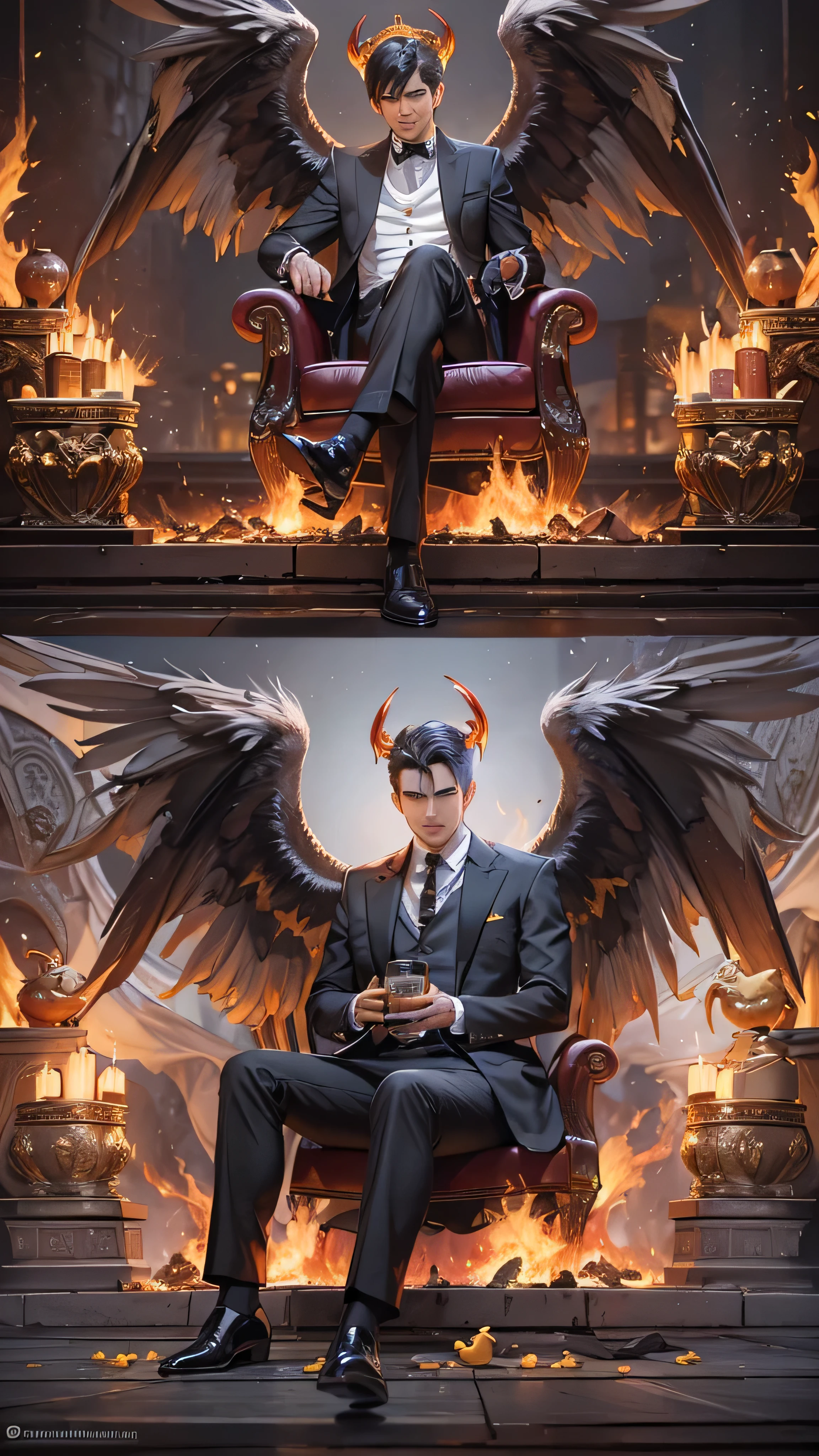 (8k,  top quality , masterpiece:),  Lucifer Morningstar with rubber duck toys, An English male angel with dark hair ,  mischievous smile, Burning Wings, devil, Fallen Angel, Flames on the background,  Details, Dark Suit, Club Theme, 1:1 Ratio,  sitting on a throne and drinking whiskey,  Details,  realistic