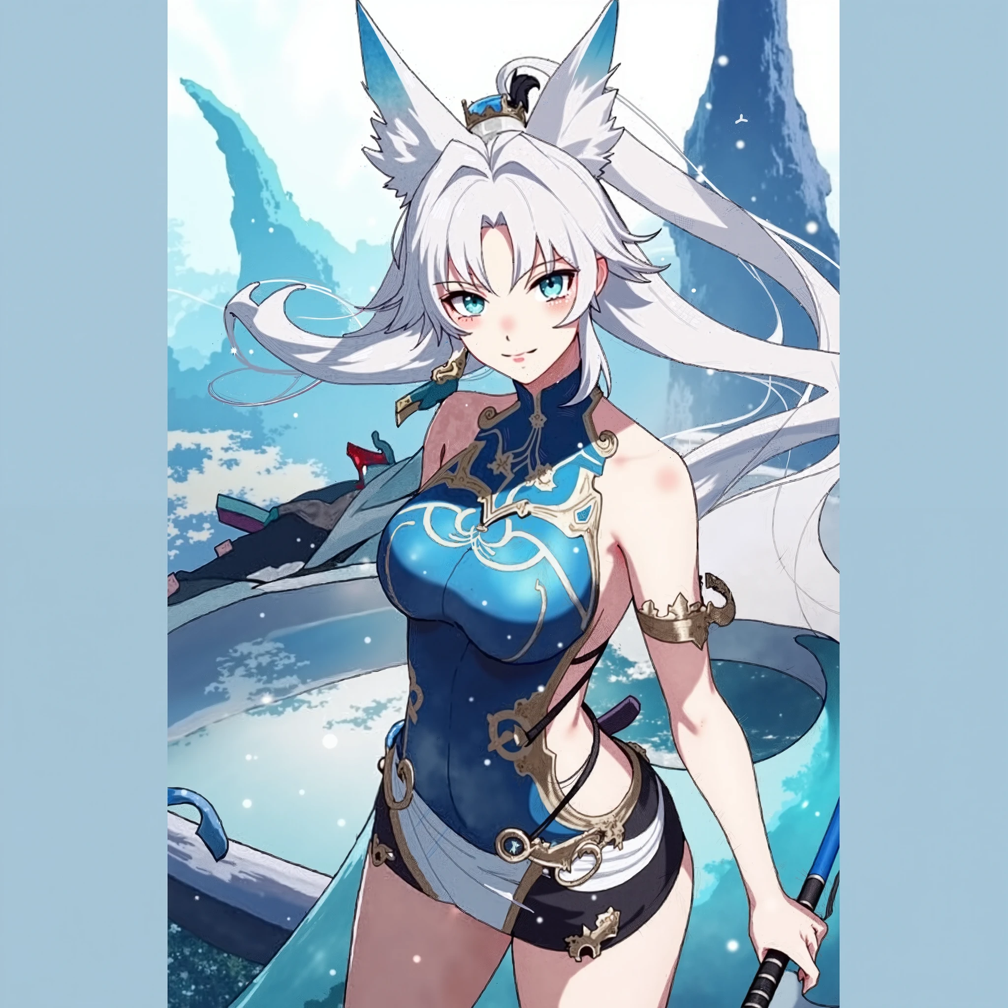 best quality, masterpiece, highres, solo, {provence_arknights:1.15}, animal_ears, wolf_ears, purple_hair, yellow_eyes, bangs, long_hair, hair_between_eyes, braid, tail, wolf_tail, breasts, single_braid, upper_body, wolf_girl, smile, open_mouth, 1girl, bikini, blue_sky, blush, day, looking_at_viewer, official_alternate_costume, outdoors, sky, swimsuit, beach, blue_gloves, cleavage, cloud, fingerless_gloves, gloves, large_breasts, ocean, water