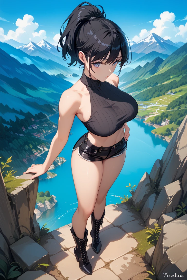 (((solo,1woman, mature, alone))), shizune, ((black hair, bangs, glowing black eyes, wide eyes, lipstick, makeup, narrow waist, skinny, medium breasts)), pelvic curtain, ((white bikini)), full body, perfect body, (insanely detailed, beautiful detailed face, masterpiece, best quality), (extremely detailed 8k paper CG wall unit: 1.1), (konohavillage, konoha gate walls, river, lake, tree, mountain, flower, at dawn, zebra cross, cloudy sky, cloud, dusk), (smile face for the viewer), cameltoe view, cameltoe, View from above, Diagonal view