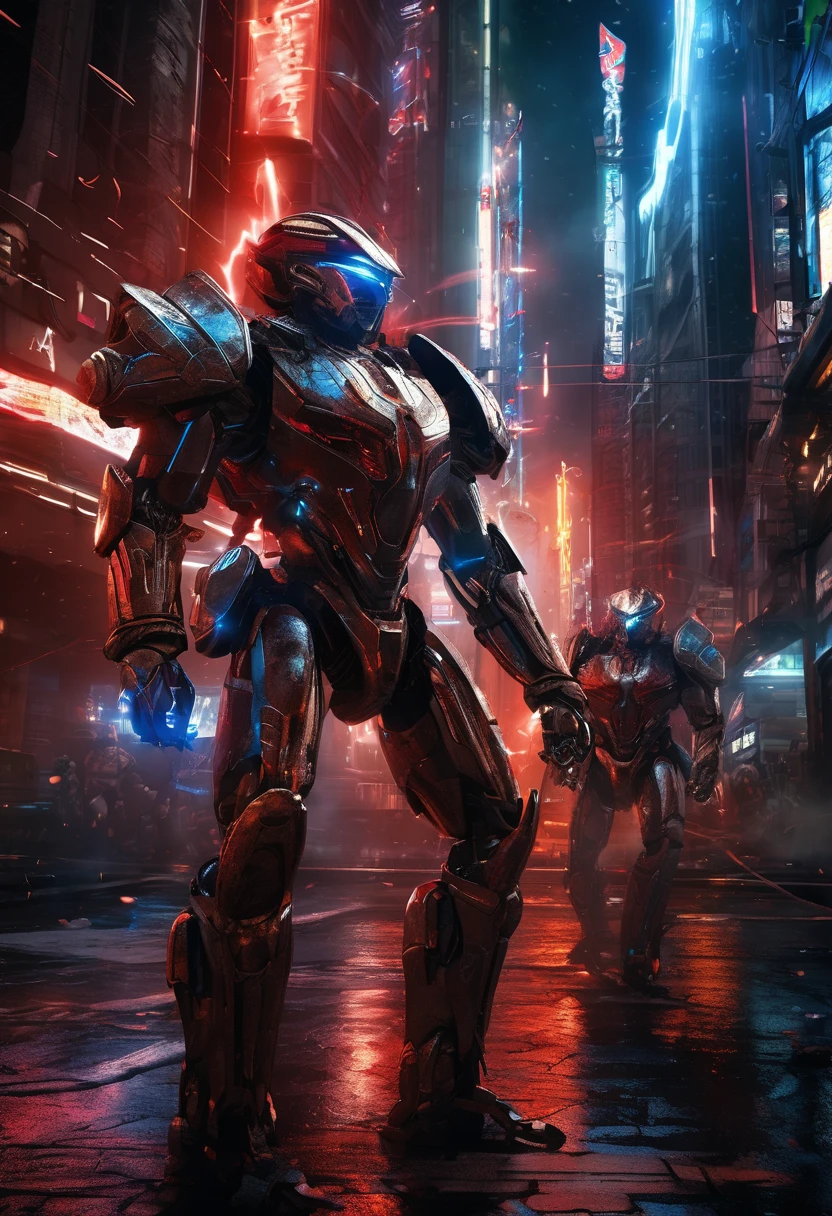 (masterpiece, top quality:1.2), no humans, (A very complex combination of components),(stylish very slim tall futuristic robot gladiators), (blue lightning swords clashing), (white light particle barriers glowing brightly), (missiles with red laser trails streaking through the air), fierce battle in mid-air, highly detailed, surreal sci-fi atmosphere, glowing futuristic city scape in the background, dramatic lighting and cinematic angles 