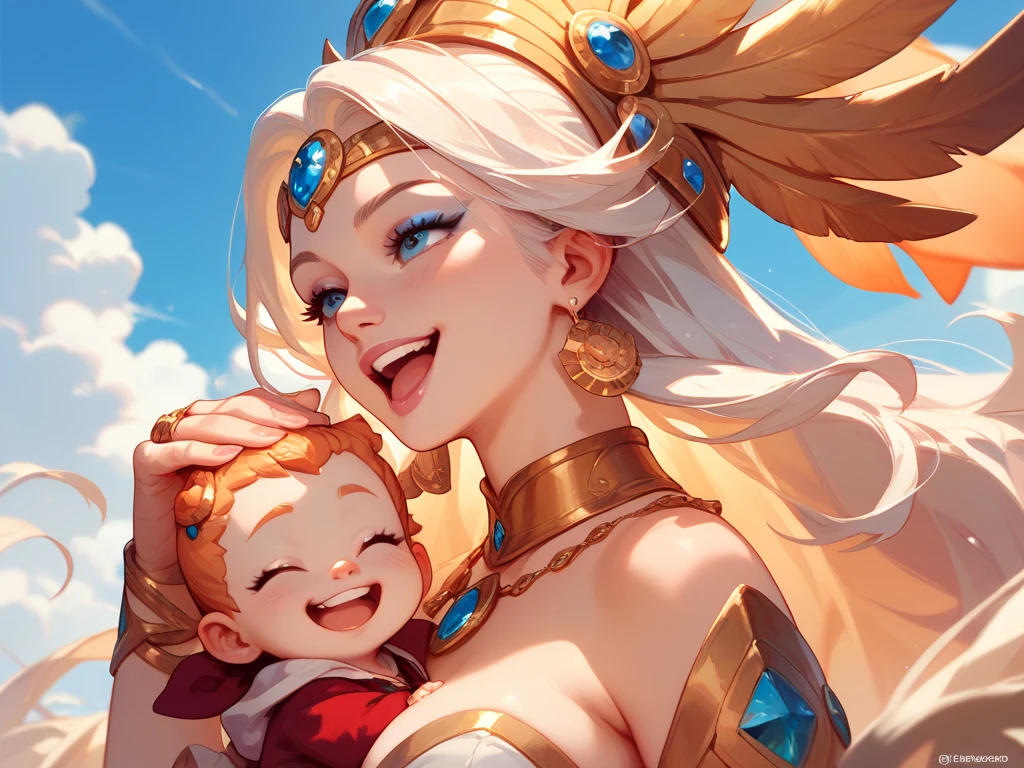 The two goddesses, who are in love, have given birth to a baby girl. They look happy and peaceful, but they are very strong.  