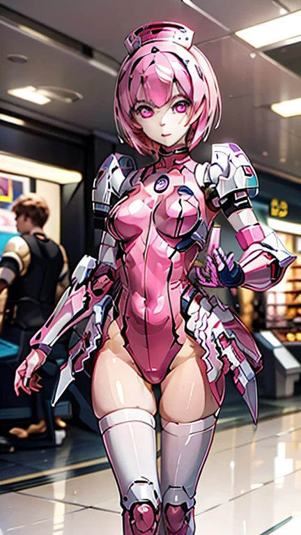  highest image quality taken by Ki、8k、Realistic、 girl 、 Android 、1 person,  cyberpunk、 near future city、  dynamic poses in a crowded store, high resolution, masterpiece, high quality, perfect face, Elenor, (robot, silver metal body), solid pink eyes, pink armor, pink helmet, large breasts, extremely glossy, futuristic city, night time, (official art)